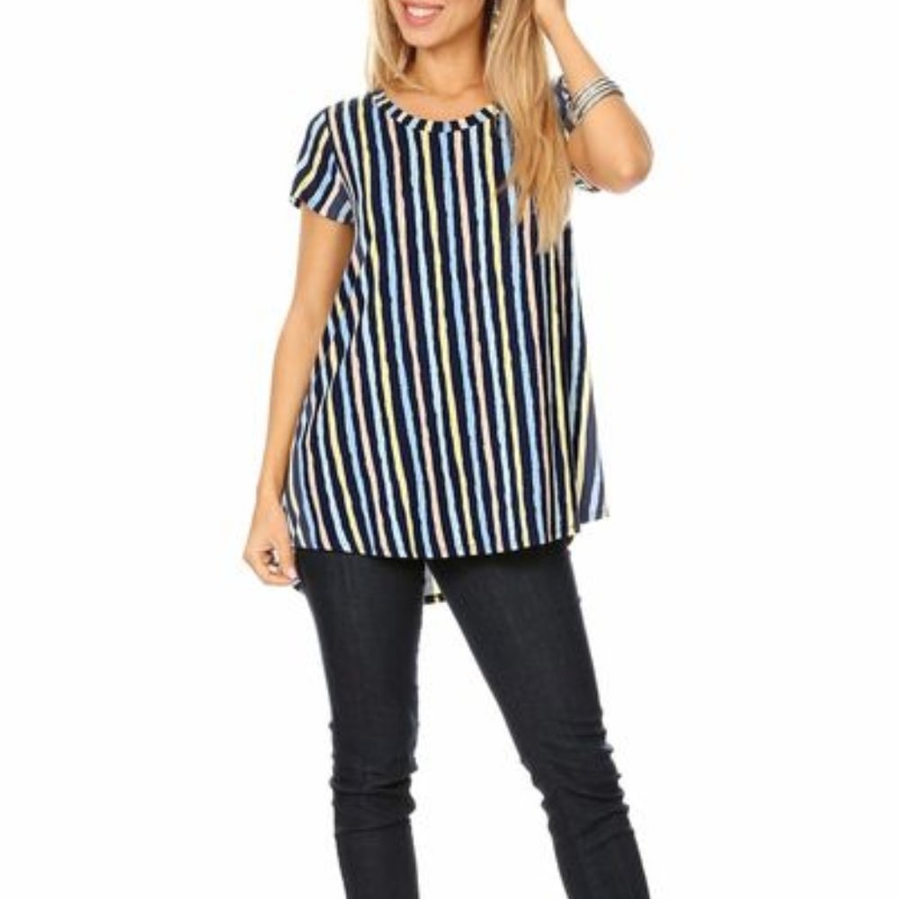 Navy Stripe Short Sleeve Hi Lo Tunic Made in USA